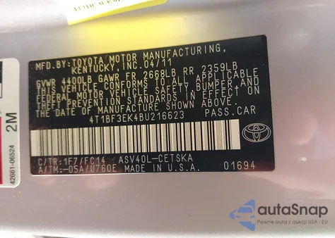 2011 Toyota Camry Se from USA, damaged, VIN 4T1BF3EK4BU216623